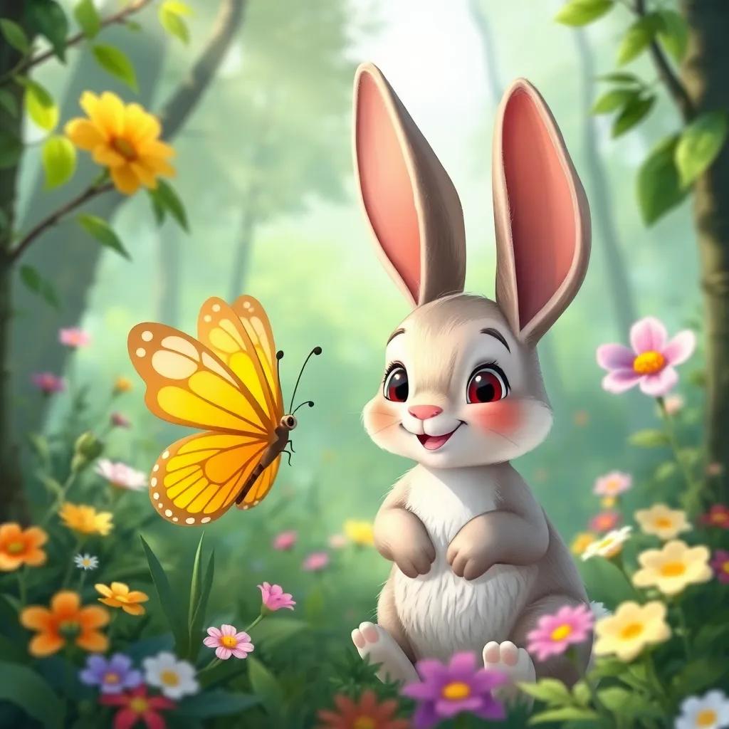 Toby the rabbit, with big ears and a friendly smile, meeting Luna the butterfly in the forest, surrounded by greenery and colorful flowers, illustration, joyful atmosphere, child-friendly