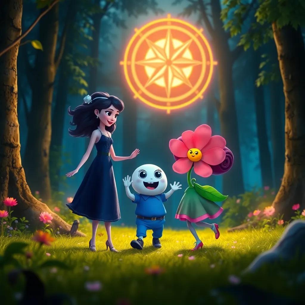 Luna, Toby, and Rosa the flower, dancing together in the forest, with the compass glowing in the background, bright and lively colors, happy mood, captivating view