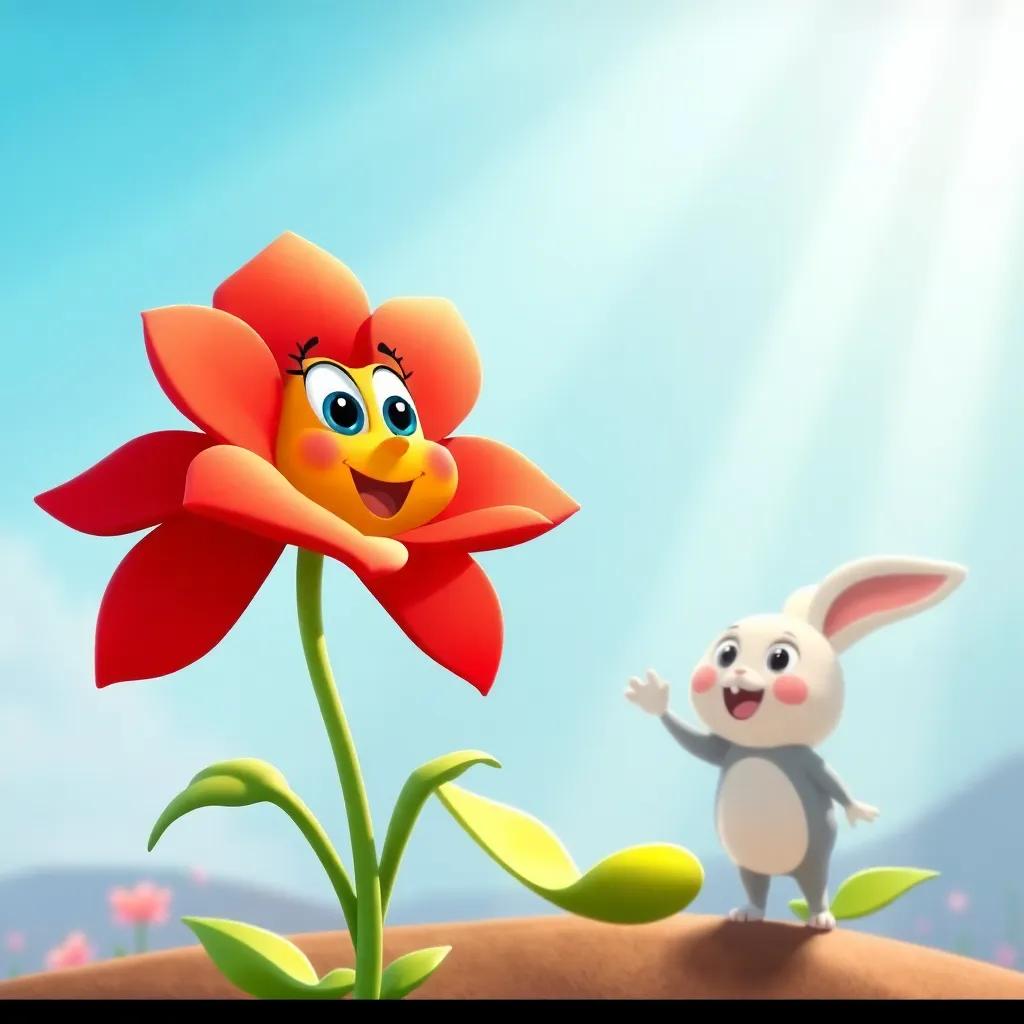 Rosa the flower, red and yellow, swaying in the wind, greeting Luna and Toby, with rays of sunlight shining down, cheerful style, vibrant colors, high quality