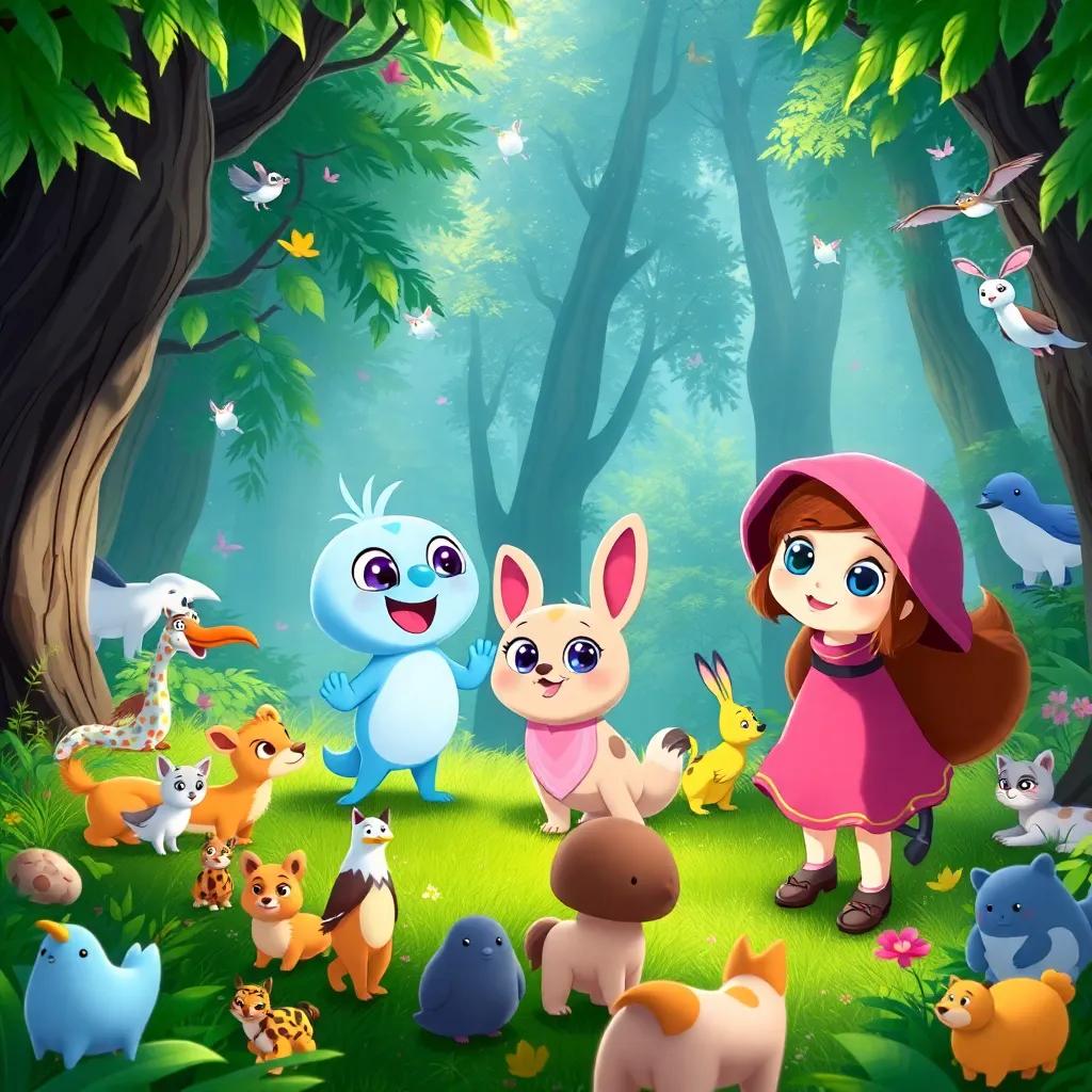Luna, Toby, and Rosa, exploring the forest together, with bright colors and many different animals appearing, illustrating friendship and adventure, friendly atmosphere, detailed digital art