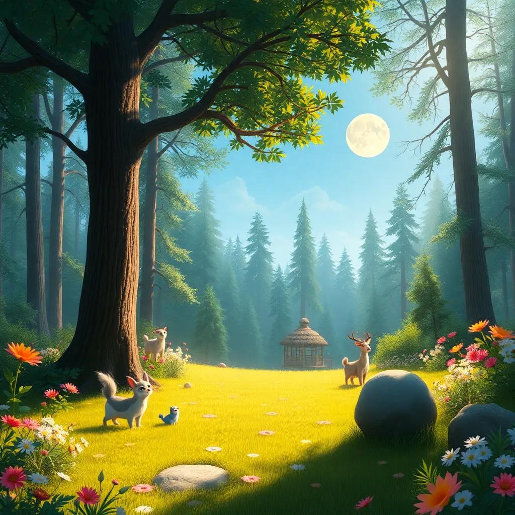 A beautiful clearing in the forest, where Luna sees her home, with lots of flowers and happy animals around, warm light, joyful and serene view, high quality