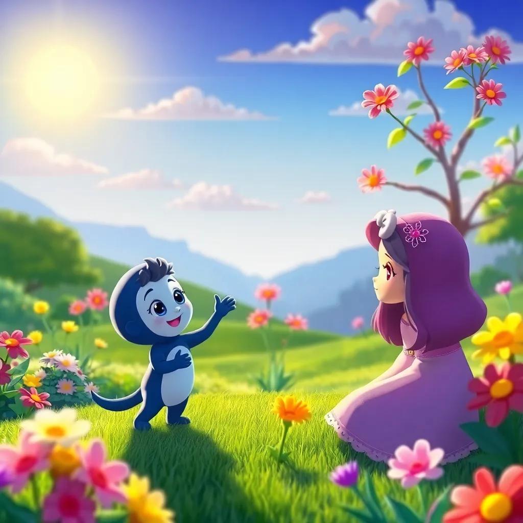 Luna happily inviting Toby and Rosa to her garden, with a bright sun shining, and a colorful landscape all around, heartwarming scene, vibrant colors, child-friendly