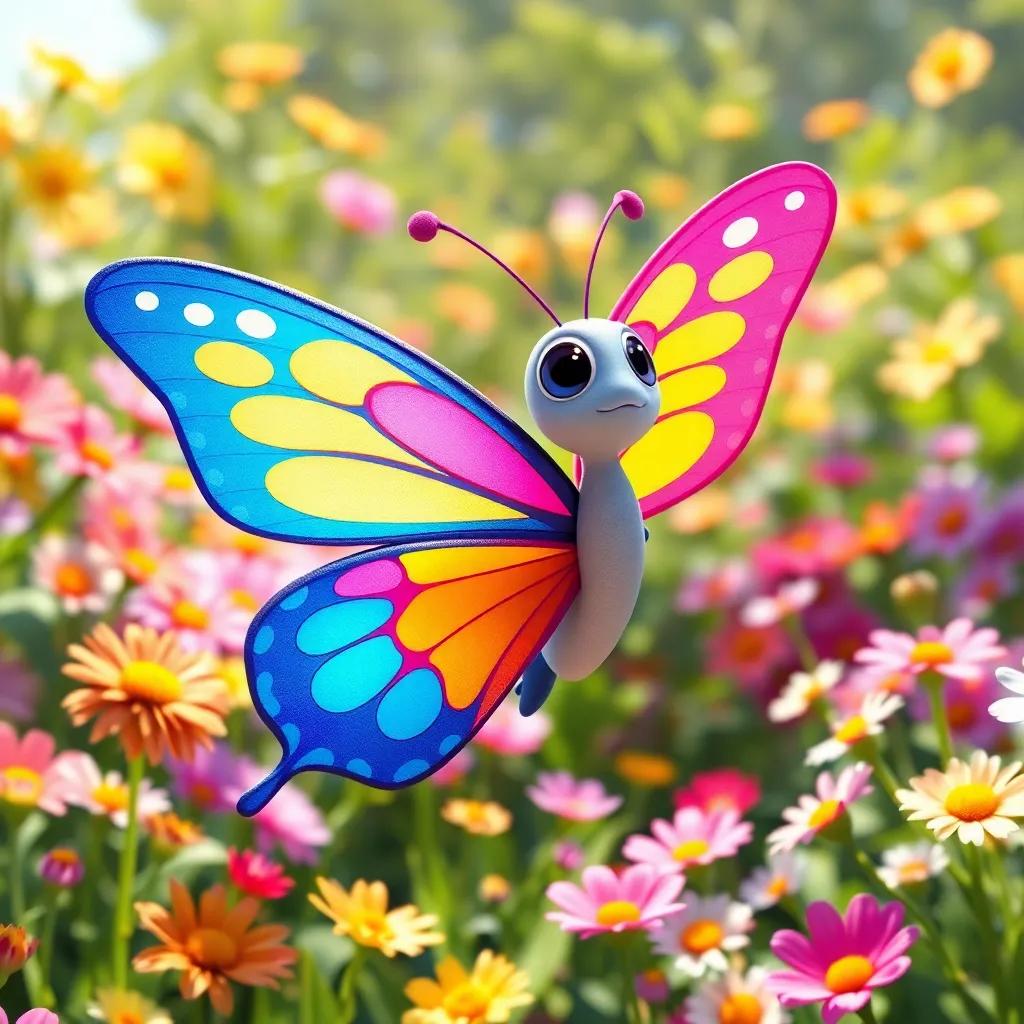 A colorful butterfly named Bella, with vibrant blue, yellow, and pink wings, flying in a sunny garden filled with various flowers, bright and cheerful atmosphere