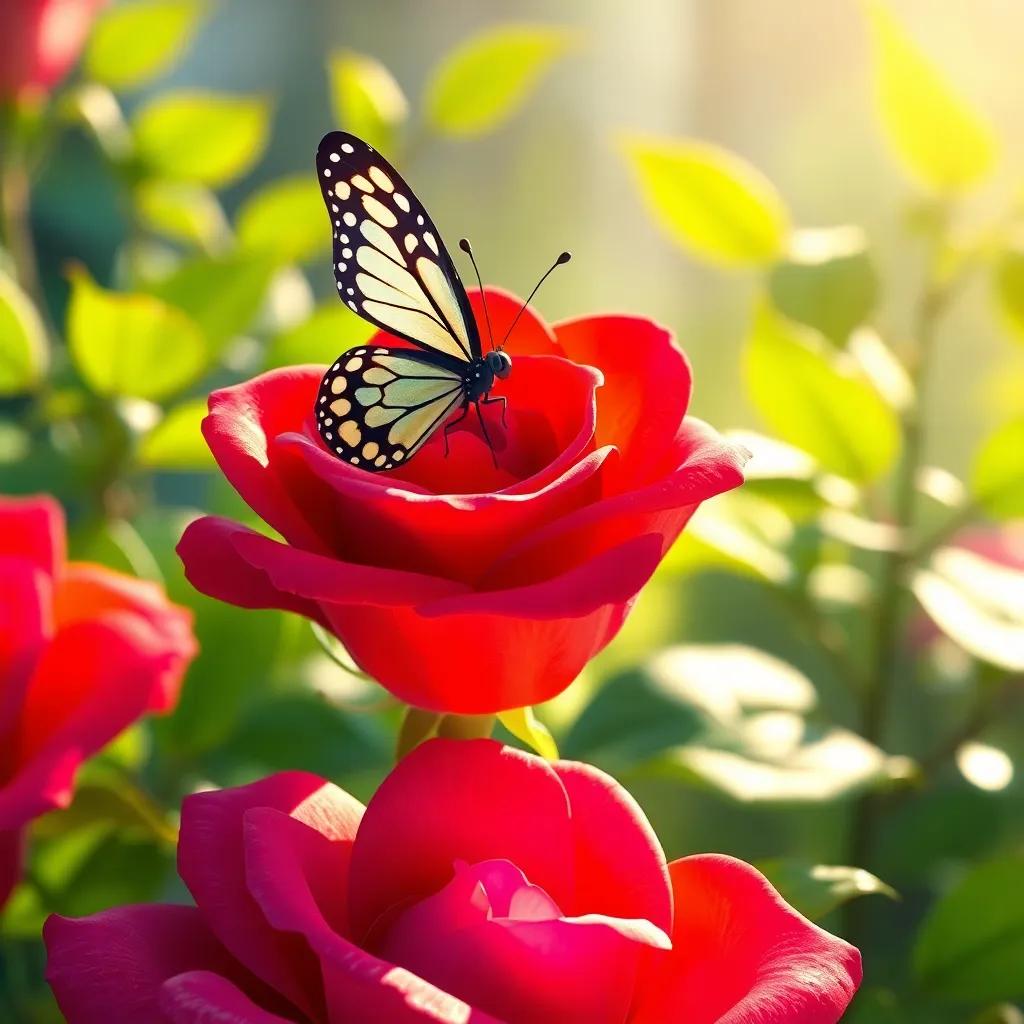 Bella the butterfly landing on a shiny red rose, the rose gleaming in the sunlight, surrounded by lush green leaves, vivid colors, joyful mood