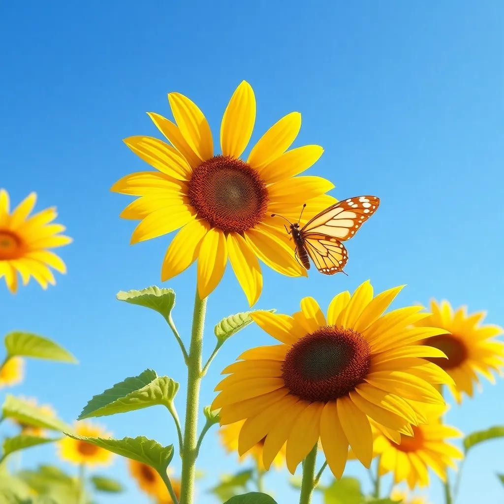 Bella the butterfly fluttering around a tall, bright yellow sunflower, with clear blue sky in the background, warm sunlight creating a bright atmosphere