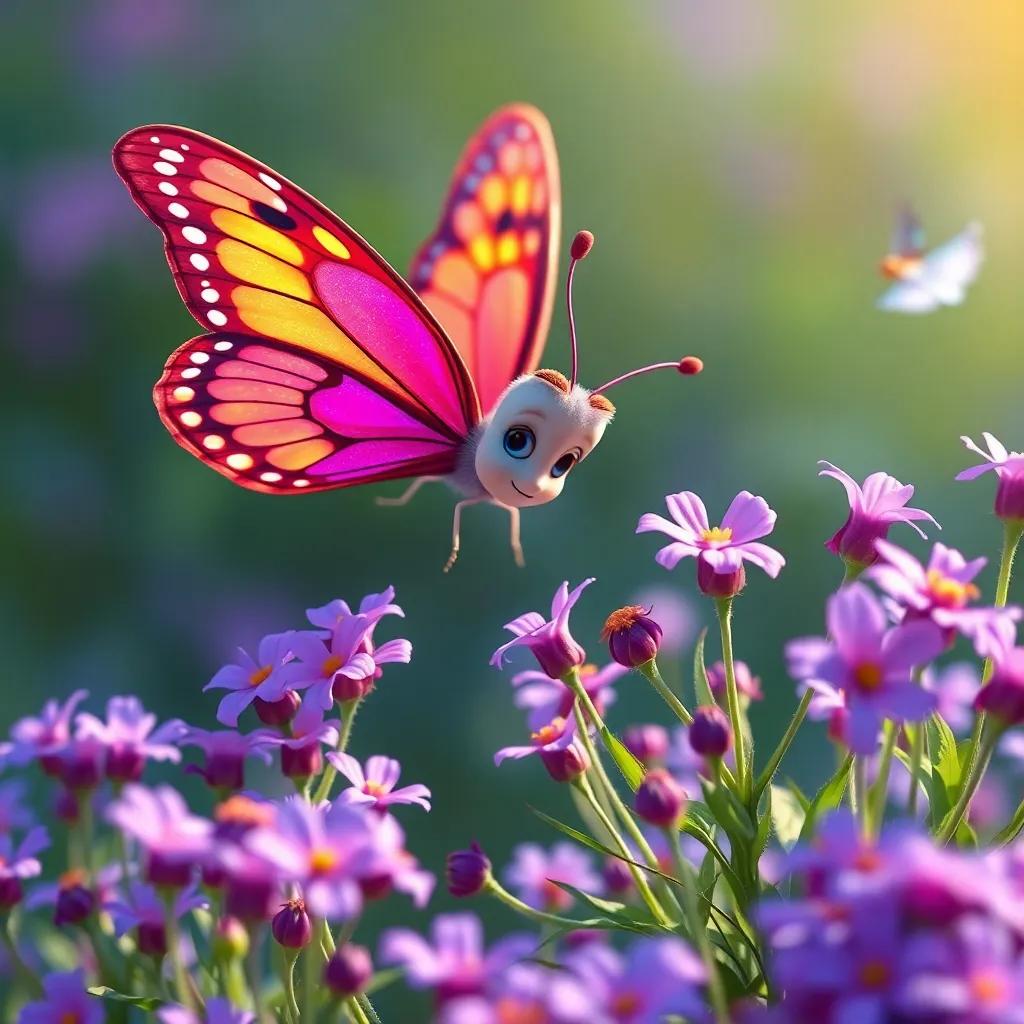Bella the butterfly admiring a group of small, beautiful violet flowers, with a gentle breeze moving the petals, colorful and enchanting view
