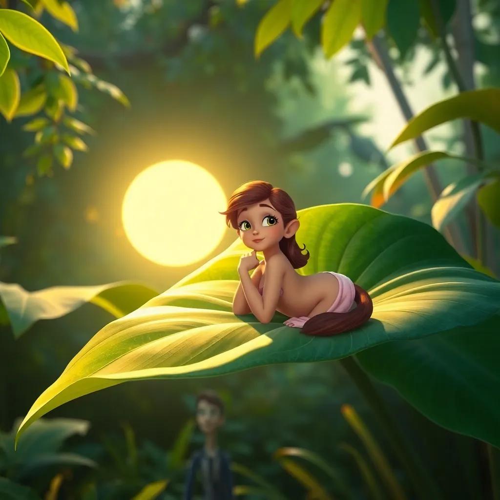 Bella taking a rest on a large green leaf, looking thoughtful with a soft glow of the sun behind her, peaceful and serene garden setting