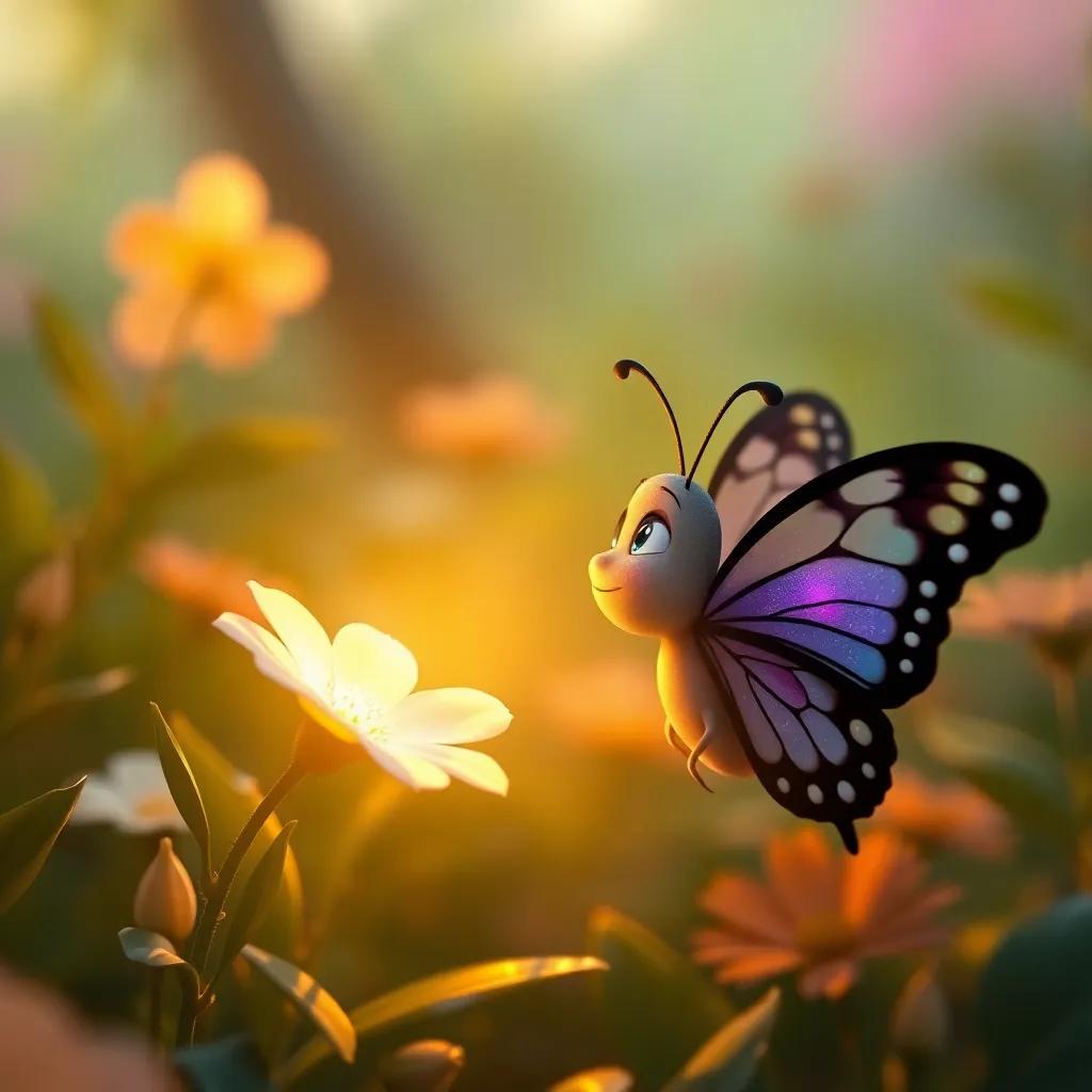 Bella the butterfly looking at a glowing white flower, shining brightly in the garden, warm light illuminating the scene, magical vibe