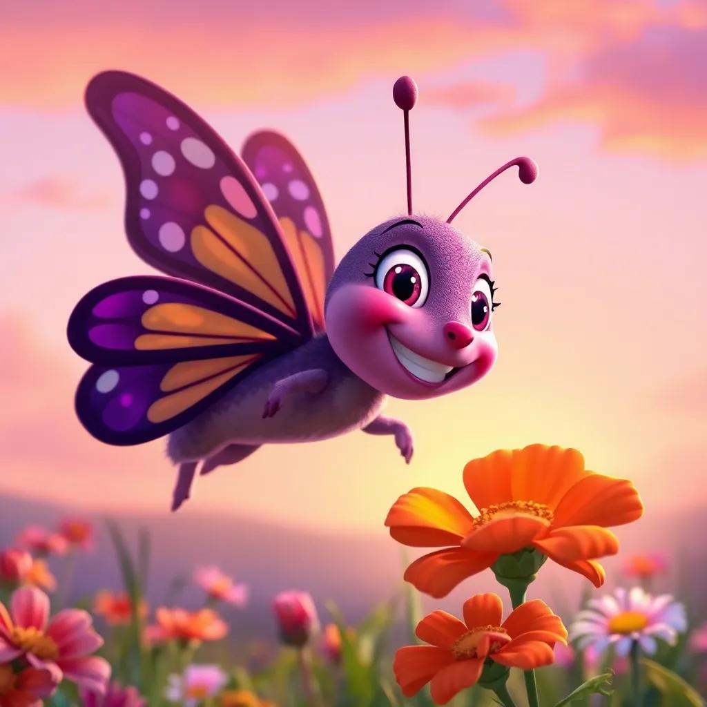 Bella the butterfly smiling and flying back to her flower friends, a warm sunset in the background, friendship and happiness in the air