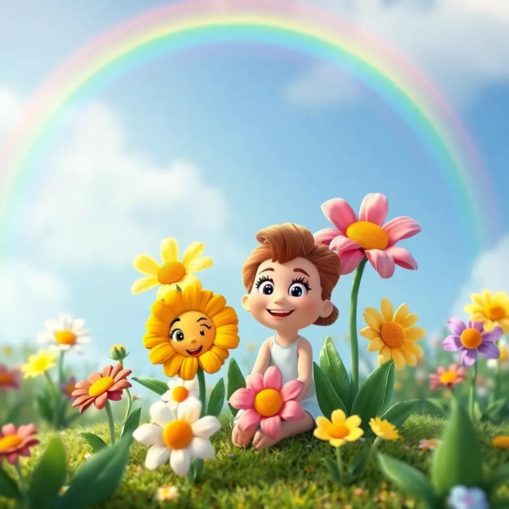 All the flowers, including Bella, smiling and sitting together, with a rainbow in the sky, a happy and bright garden atmosphere