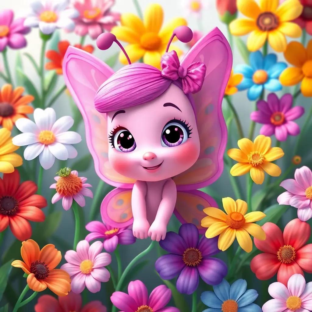 Bella the butterfly surrounded by all the different flowers, representing friendship in their beauty, cheerful and colorful