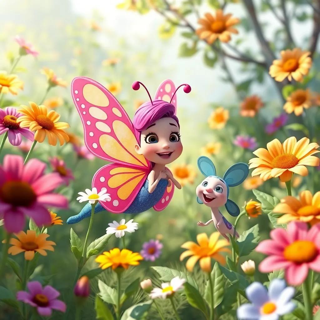 Bella the butterfly and her flower friends enjoying the garden, filled with joy and laughter, showcasing a harmonious and beautiful setting