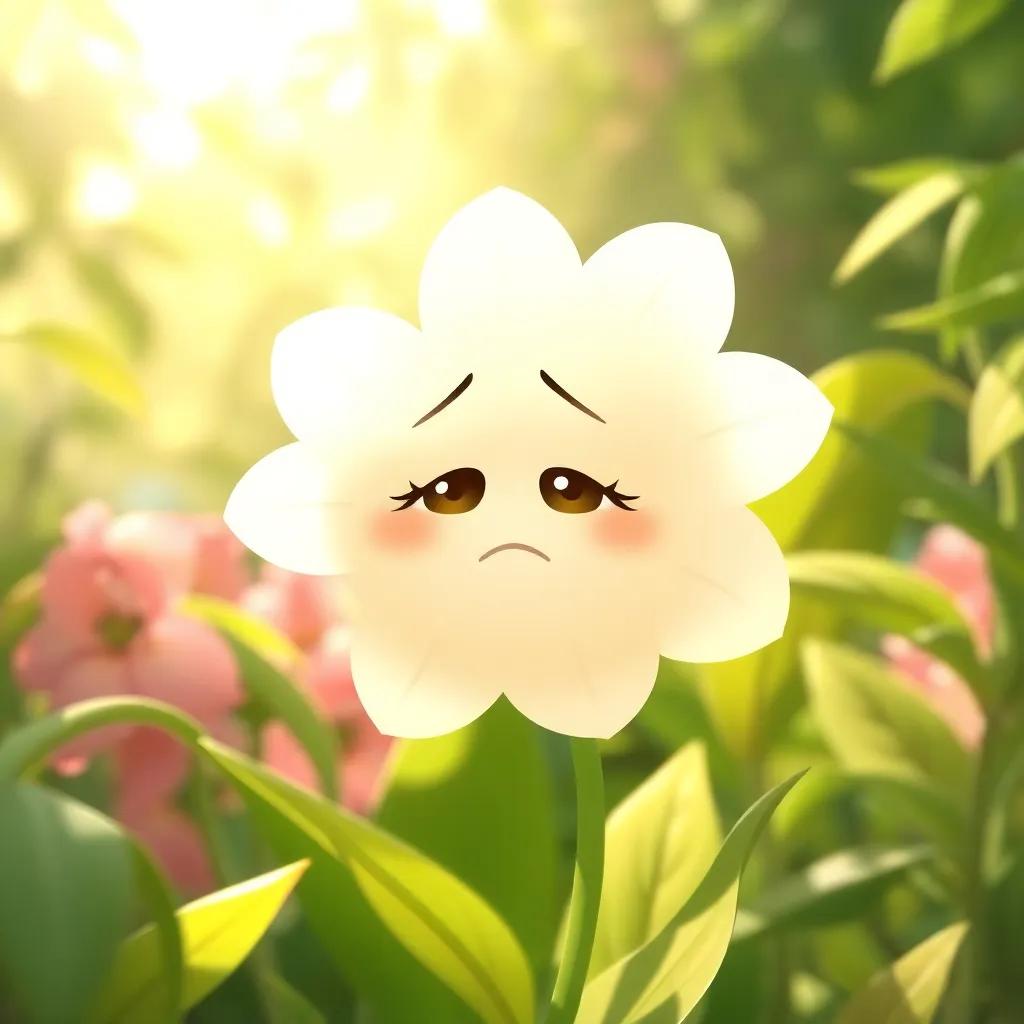 A beautiful white flower looking sad, its petals drooping slightly, in a lush green garden, soft sunlight filtering through leaves, illustration, gentle and warm colors, child-friendly