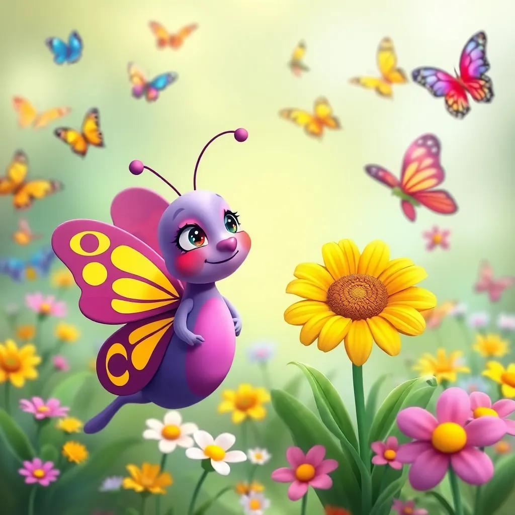 Lila the butterfly talking to the sad flower, encouraging her with a friendly smile, both surrounded by colorful butterflies and bright flowers, whimsical style, lively colors, inviting atmosphere