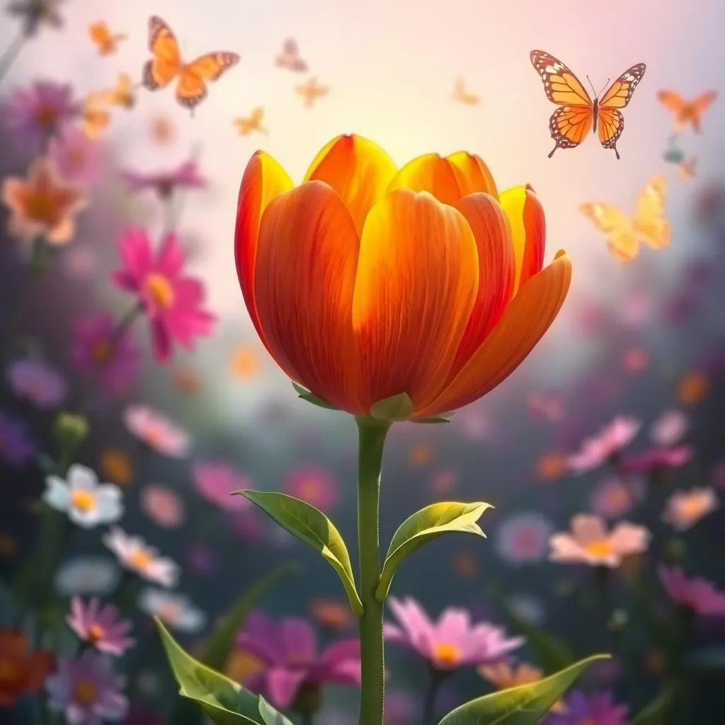 The flower starting to bloom with varied colors, inspired by Lila's words, in the background, other colorful flowers and butterflies dancing in the air, vibrant scene, magical, uplifting