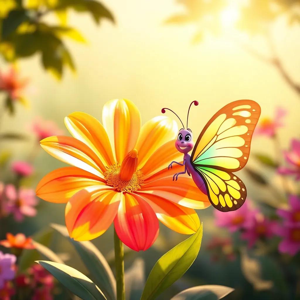 The flower fully blossomed with bright colors, happily shining in the sunlight, next to Lila the butterfly, both smiling, symbolizing friendship, warm colors, beautiful garden setting, heartwarming scene