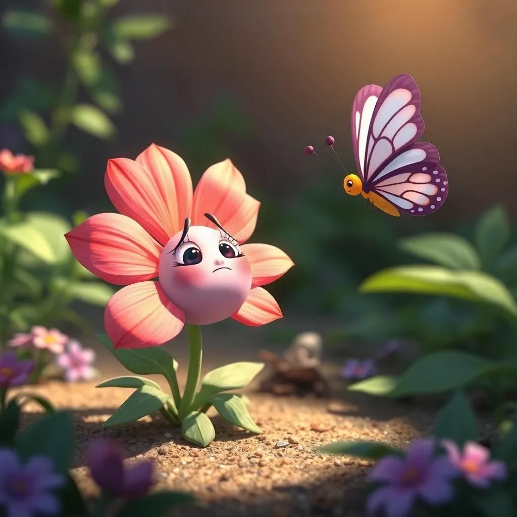 Rosa, a sad flower, wilting and lacking color, sitting in the garden, with Lila the butterfly approaching her with a caring expression, soft light, gentle colors, emotional perspective, child-friendly digital illustration