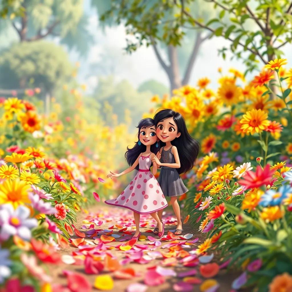 Lila and Rosa together in a vast garden, Lila dancing around collecting colorful flower petals while Rosa starts to cheer up, bright and lively colors, inviting environment, joyful mood, detailed illustration