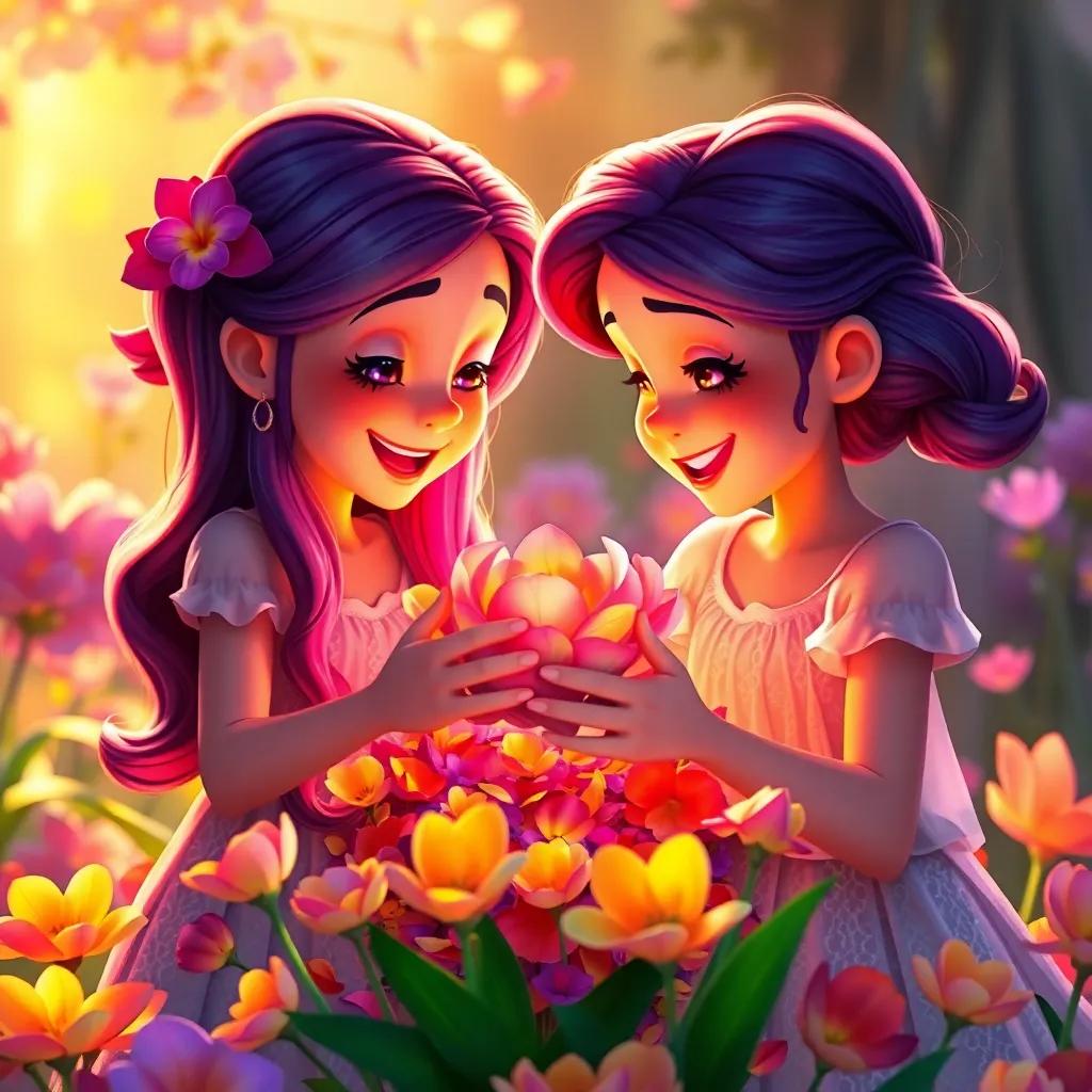 Lila helping Rosa as they surround each other with collected flower petals, creating vibrant colors on Rosa, delighted expressions, unity in friendship, warm warm light, enchanting composition, heartwarming scene