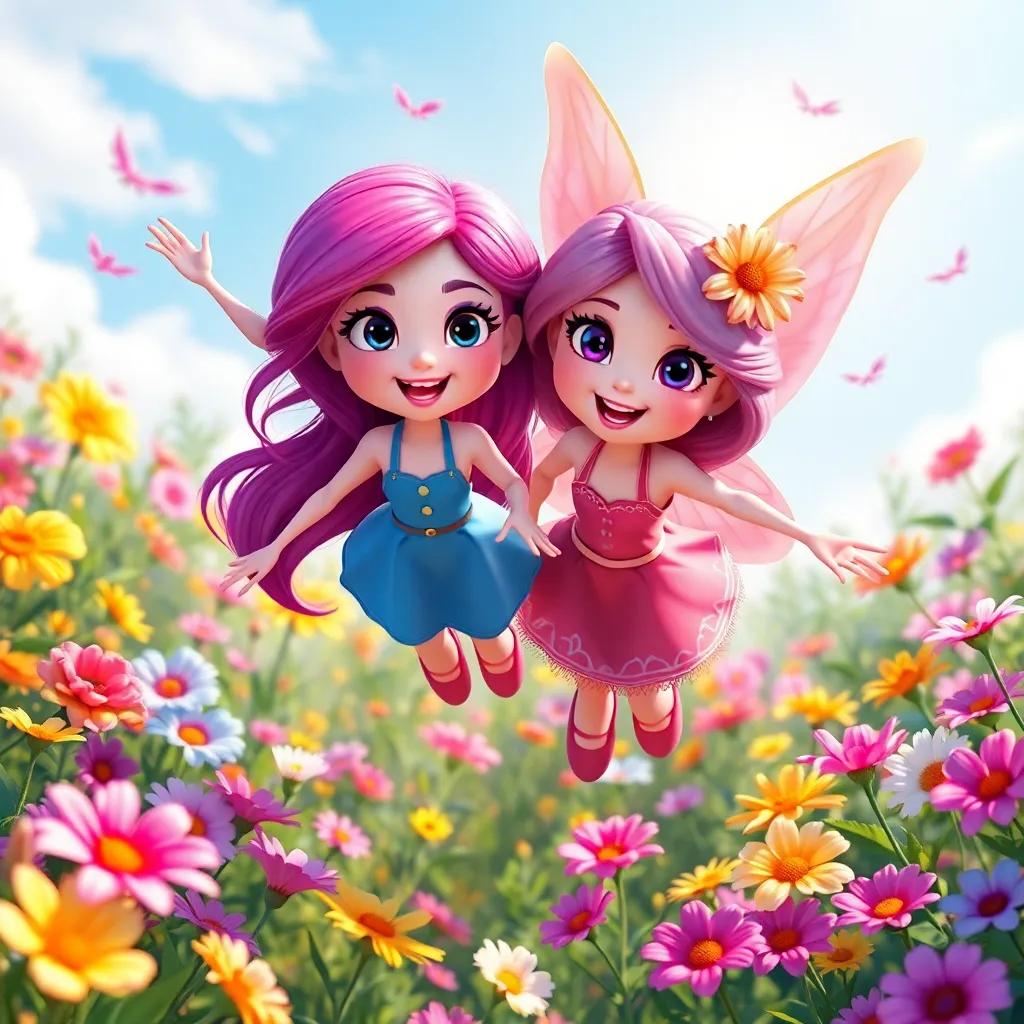 Lila and Rosa flying together, surrounded by an array of colorful flowers, exploring the garden as best friends, shining brightly in the sunlight, happy atmosphere, uplifting imagery, vibrant colors.