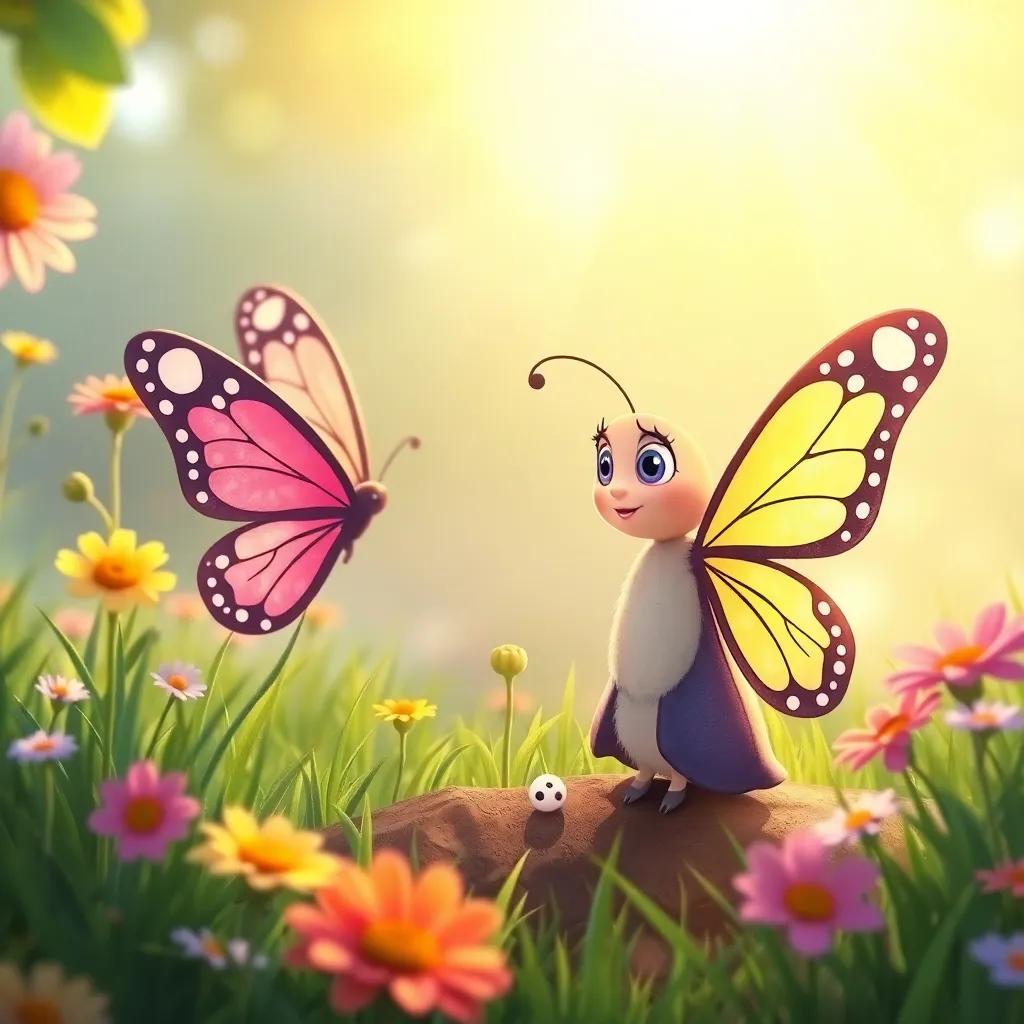Bella the butterfly talking to the little seed, with warm sunlight shining down in the garden, surrounded by flowers and green grass, illustration, friendly scene, joyful mood