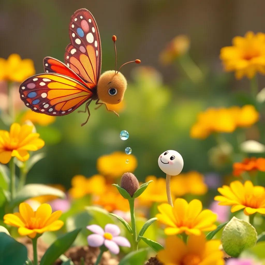 Bella the butterfly watering the seed with tiny droplets of water from her wings as the seed looks up happily, in a sunny garden, colorful, heartwarming