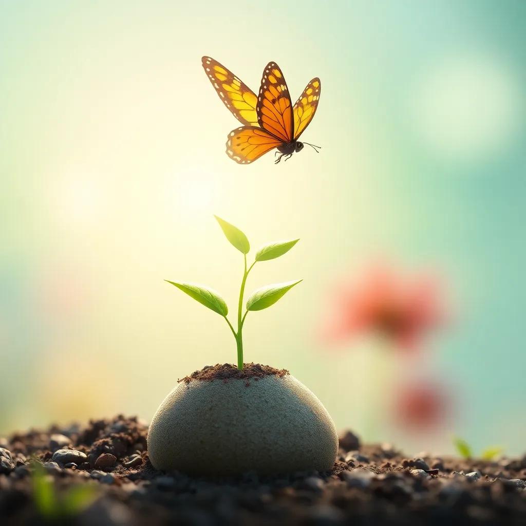 The seed growing into a small green plant with Bella the butterfly flying around it, celebrating its growth, vibrant colors, uplifting imagery, high quality