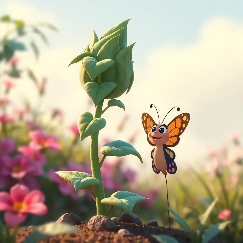 The plant standing strong in the garden, with Bella the butterfly nearby, both looking happy, as a strong wind blows gently, digital artwork, cheerful and encouraging
