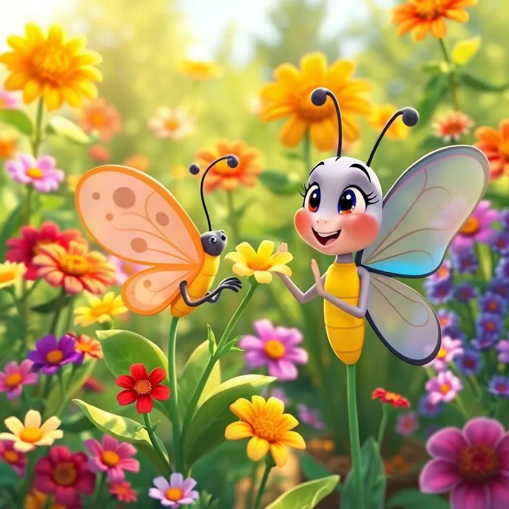 The plant filled with beautiful colorful flowers gifting Bella the butterfly a flower, with both looking joyful in the sunny garden, illustration, vibrant and friendly scene