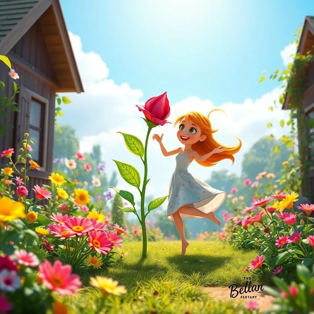 The garden filled with laughter and colors, Bella and the plant dancing together in the wind, under bright sunshine, showcasing a magical friendship, digital art, enchanting and fun
