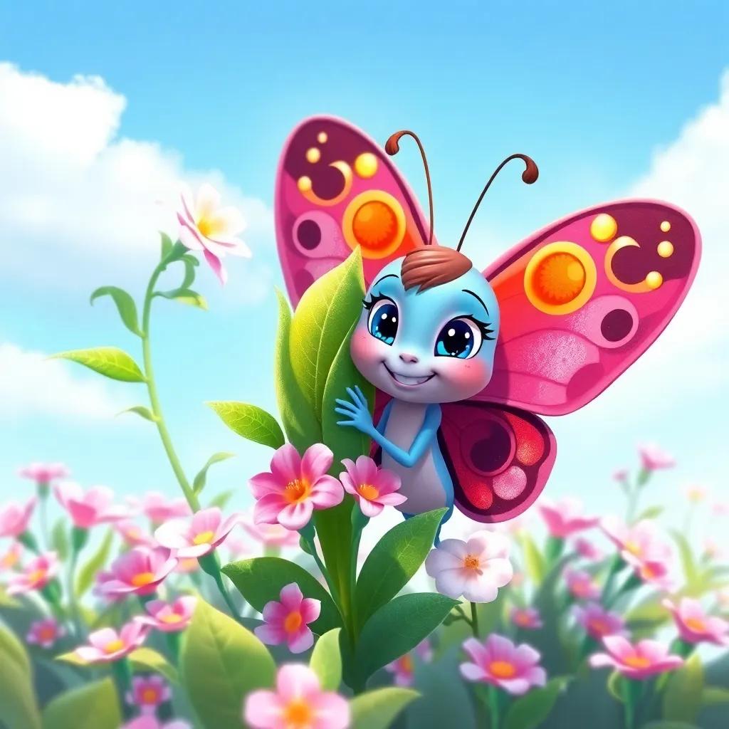 Bella the butterfly and the green plant together, surrounded by blossoming flowers and a bright blue sky, highlighting their strong friendship, illustration, joyful and vibrant scene
