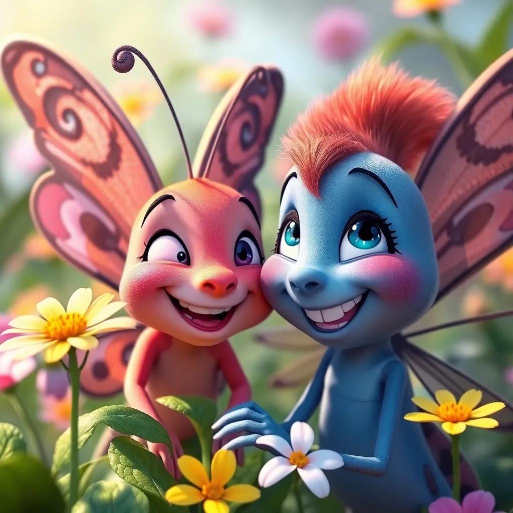 A close-up of Bella the butterfly and the plant, both smiling happily with brilliant flowers around them, capturing the essence of their friendship, digital painting, bright and sweet atmosphere