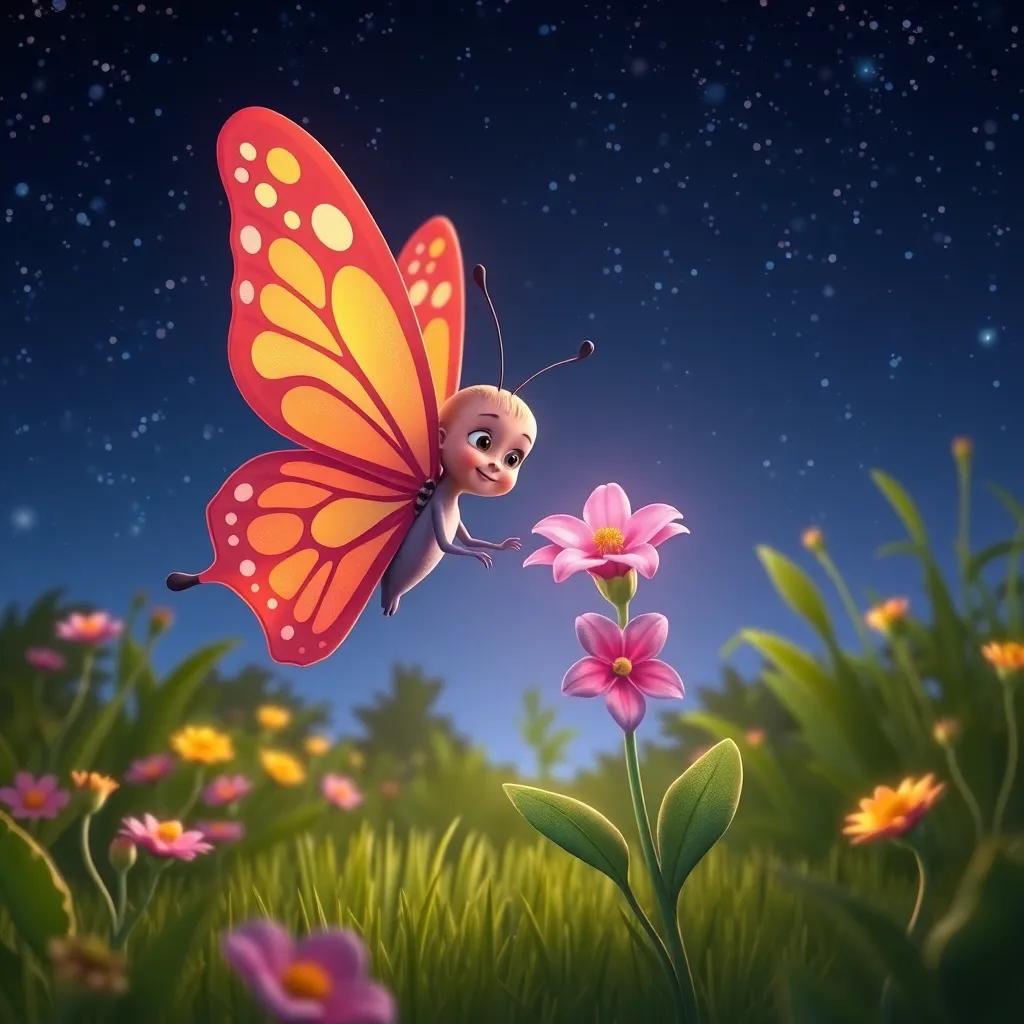 Bella the butterfly and the beautiful plant standing in the garden, under a starry sky at night, representing their everlasting friendship, digital art, magical and heartwarming