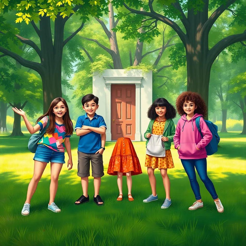 A group of five friends, Ana a Hispanic girl with long brown hair wearing a colorful t-shirt and shorts, Luis a Hispanic boy with short black hair in a blue shirt, Carla a Hispanic girl wearing a bright dress, Pablo a Hispanic boy in a green jacket and Sofía a Hispanic girl with curly hair wearing a pink hoodie, standing excitedly in a green park, showing a hidden door in the trees, sunny day, cheerful atmosphere, digital art, vibrant colors, friendly