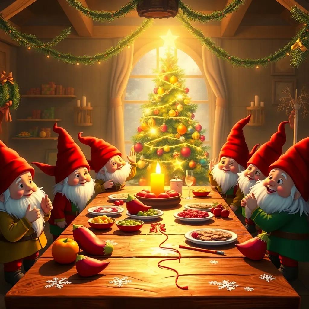 A festive gathering of gnomes celebrating Christmas, with a big wooden table filled with fruits and cookies, little gnomes dancing and laughing around a beautifully lit Christmas tree, warm light, rich festive colors, inviting atmosphere, high quality, vibrant