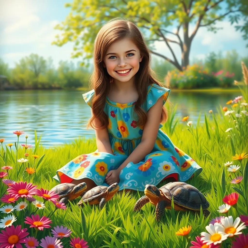 A joyful scene of Ana, a beautiful 9-year-old girl with long brown hair in a colorful dress, sitting on fresh green grass surrounded by colorful flowers, calling baby turtles playing by the lake, bright sunshine, happy emotions, captivating scene, cheerful ambiance