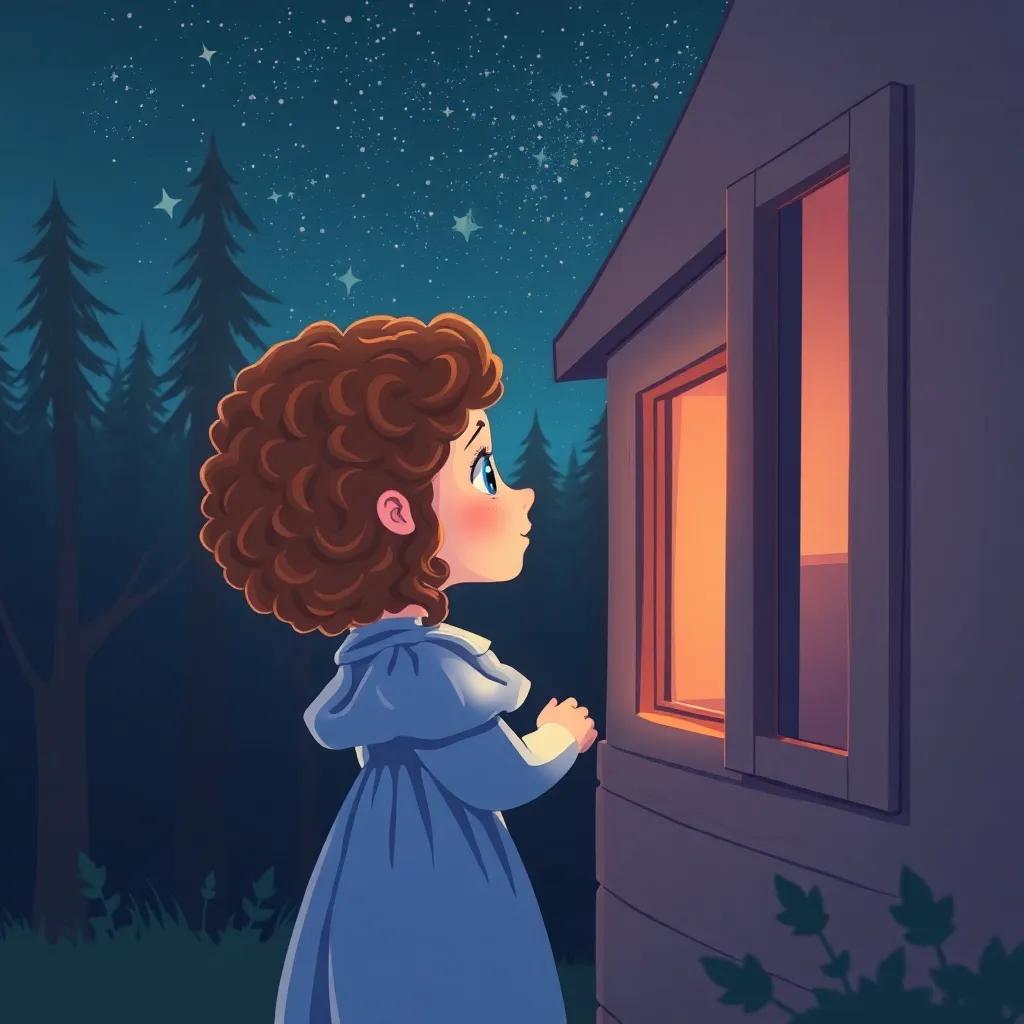 A little girl, Clara, with curly brown hair wearing a blue nightgown, looking out the window of her small cozy house in the forest, under a starry night sky, digital art, soft colors, warm and inviting atmosphere, high quality