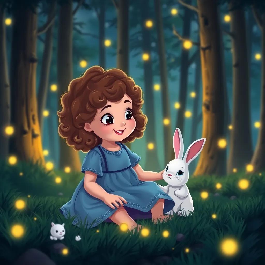 Clara, a little girl with curly brown hair wearing a blue nightgown, playing in the forest at night with a small white rabbit named Toby, surrounded by glowing fireflies and tall trees, cheerful, magical atmosphere, child-friendly, high quality