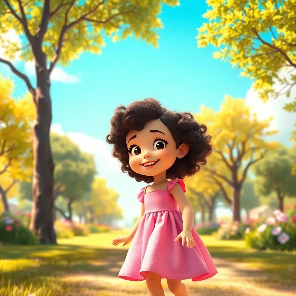 A young girl named Sofía with curly hair wearing a pink dress, playing in a sunny park under a bright blue sky, surrounded by trees and flowers, cheerful atmosphere, digital art, vibrant colors, joyful perspective, high quality