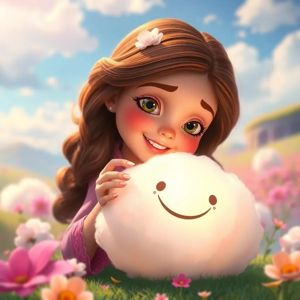 Sofía touching a fluffy, smiling cotton cloud that has come down to the ground, the cloud glowing softly, with joy in her eyes, surrounded by a vibrant magical landscape, digital art, dreamy, colorful, fantasy scene, high quality
