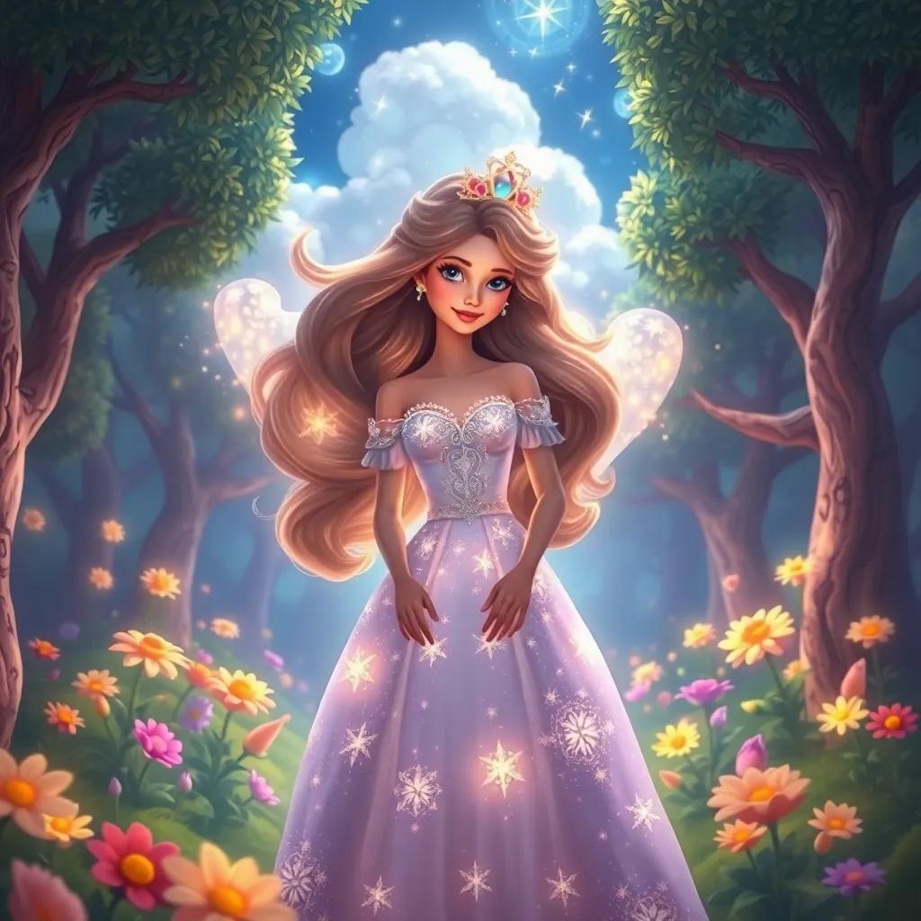 Sofía meeting the cloud queen, a beautiful woman with a luminous dress, floating hair, and a star crown, in a magical garden full of candy trees and laughing flowers, mystical atmosphere, digital painting, bright colors, whimsical perspective, high quality