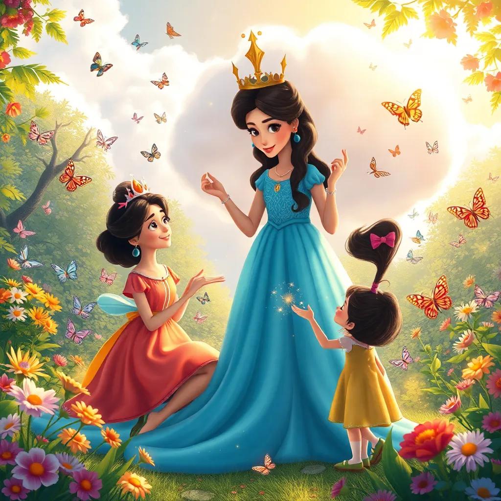 The cloud queen explaining dreams to Sofía, with sparkles around them, in the magical garden with children blissfully playing, capturing colorful butterflies, warm sunlight, enchanting feel, detailed illustration, bright and cheerful colors, high quality