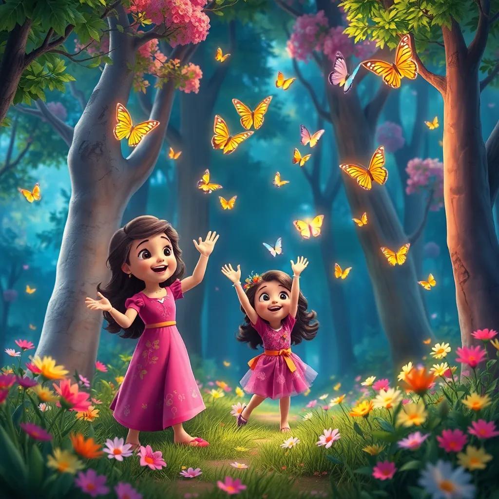 Sofía and happy children playing in a dream forest, catching butterflies that represent dreams, with colorful trees and bright flowers, joyful activity, lively atmosphere, digital art, vibrant and magical, high quality