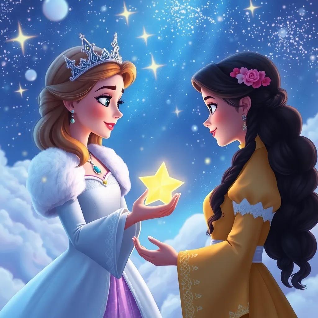 The cloud queen giving Sofía a glowing star, with a background of twinkling starlight and cotton clouds, heartfelt moment between them, wondrous ambiance, detailed digital illustration, soft and warm colors, high quality
