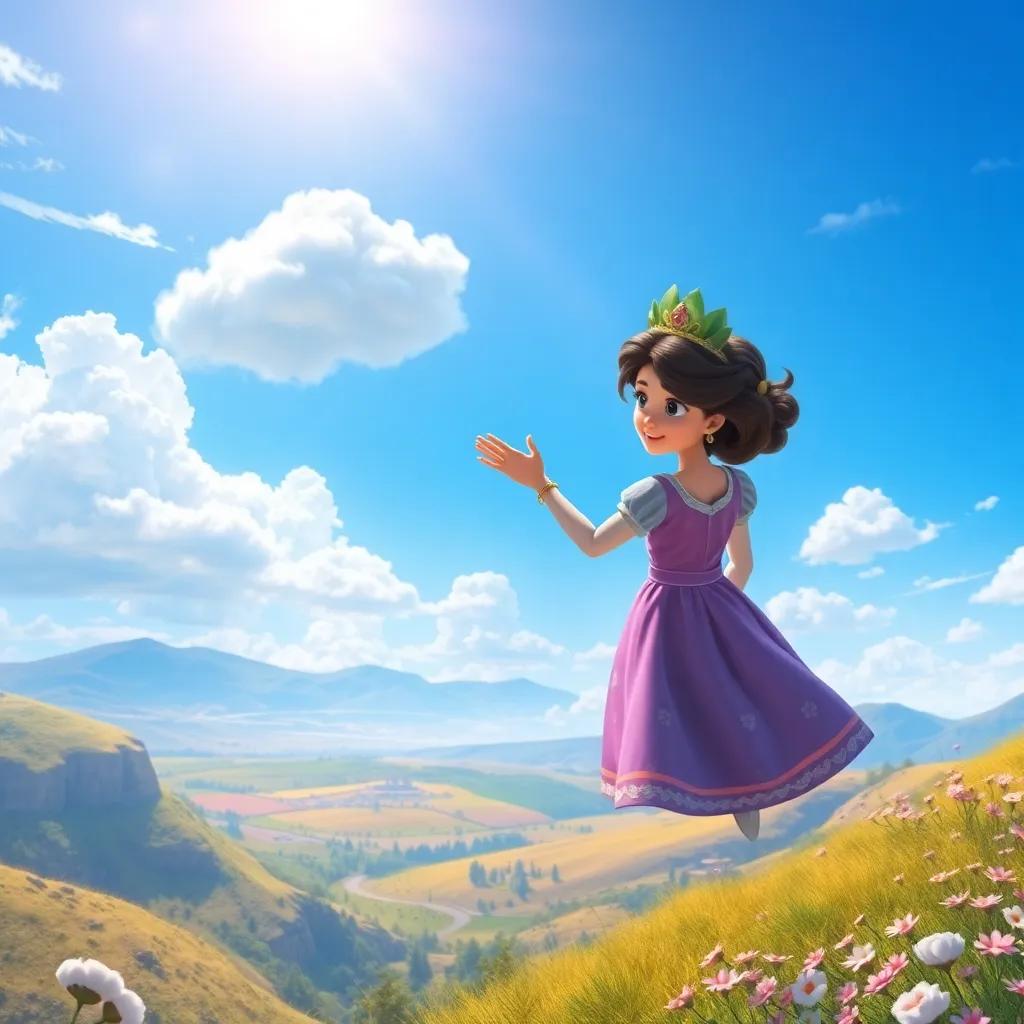 Sofía waving goodbye to the queen and the cotton cloud, flying back over the magical landscape, creating a sense of wonder and adventure, expansive view, bright skies, digital painting, dreamy colors, high quality