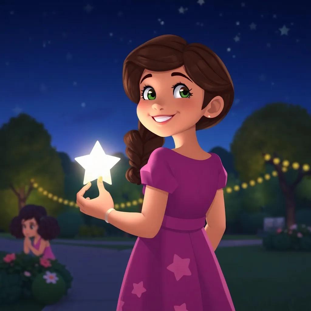 Sofía back at the park with a glowing star in her hand, looking happy and dream-filled, looking towards the night sky with twinkling stars, peaceful evening setting, whimsical mood, detailed illustration, rich colors, high quality