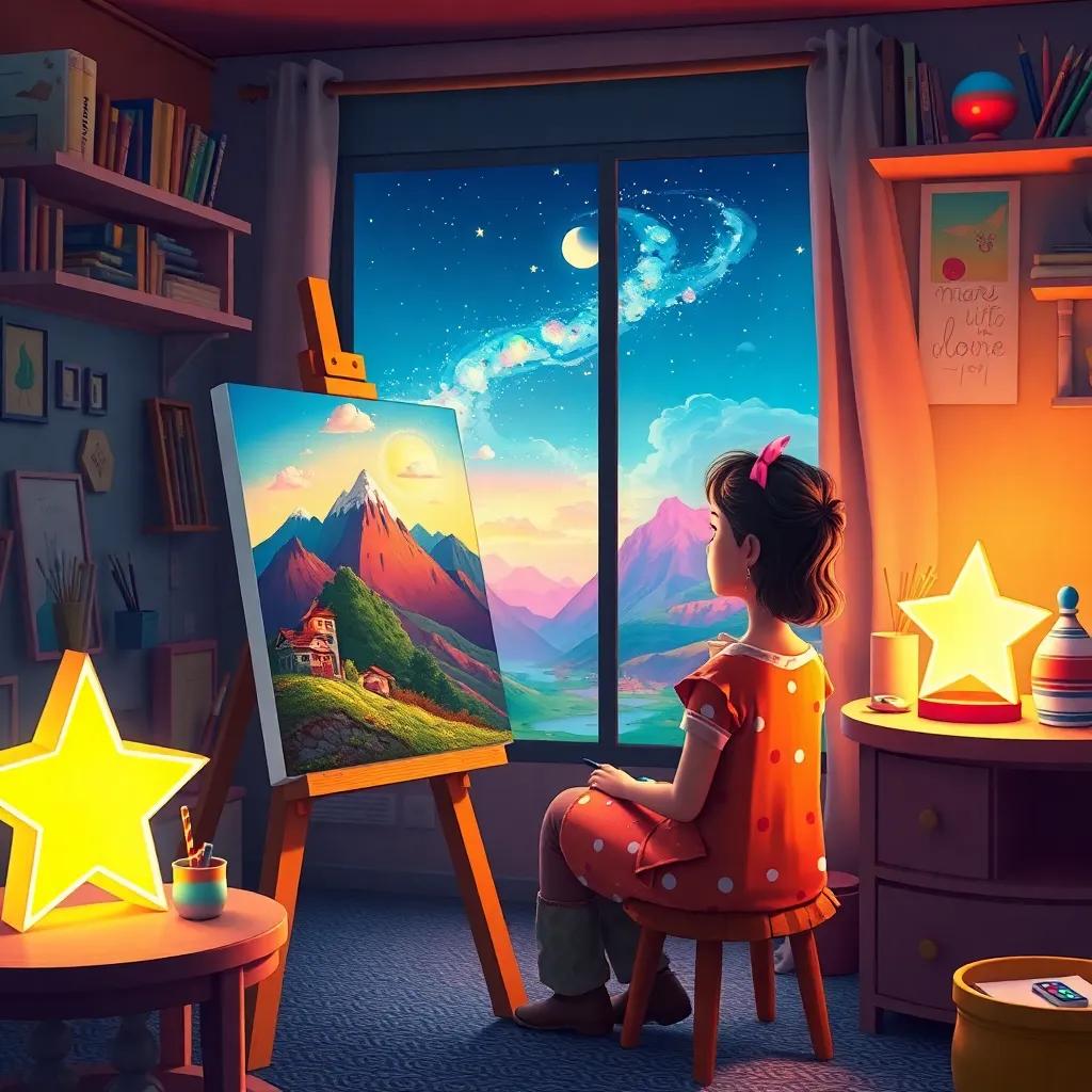 Sofía painting colorful landscapes at her easel with dreams coming to life, in her room filled with art supplies, with a glowing star on her nightstand, creative atmosphere, warm light, vibrant colors, digital art, inspiring moment, high quality