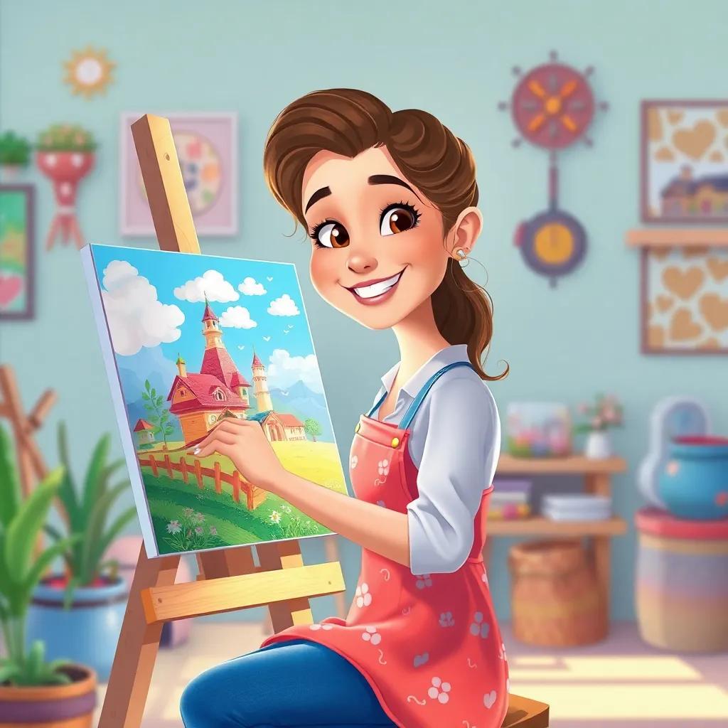 Sofía as a grown-up artist painting a bright canvas with dreamy scenes, surrounded by happy colors and a joyful expression, reflecting her dreams and adventures, cheerful studio atmosphere, detailed illustration, bright and airy, high quality