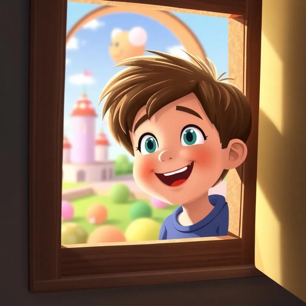 A young boy named Lucas, with brown hair and a bright smile, looking out of a window excitedly at the colorful world outside, whimsical style, bright lighting, vibrant colors, playful