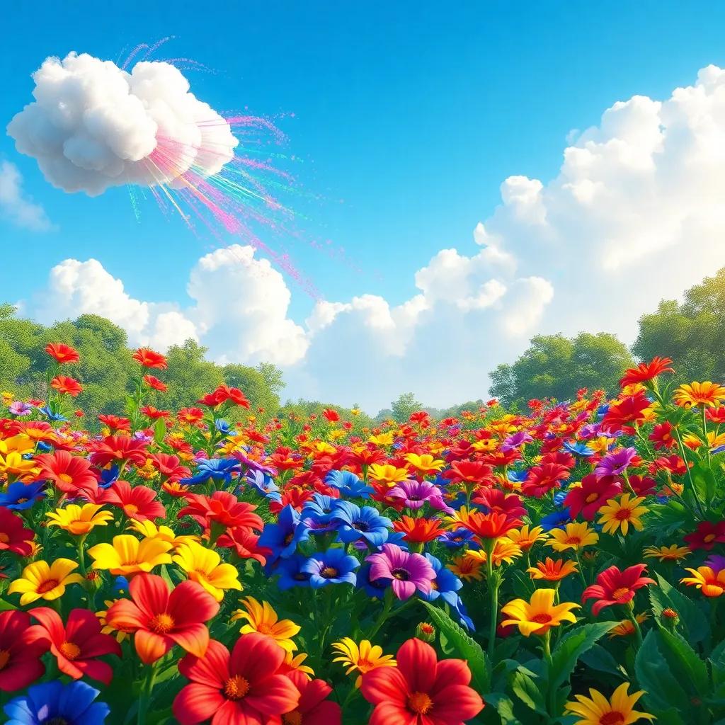 Flomina, the magical cloud, spraying vibrant colors over a lush garden filled with flowers that bloom in red, blue, and yellow, colorful, lively atmosphere, cheerful